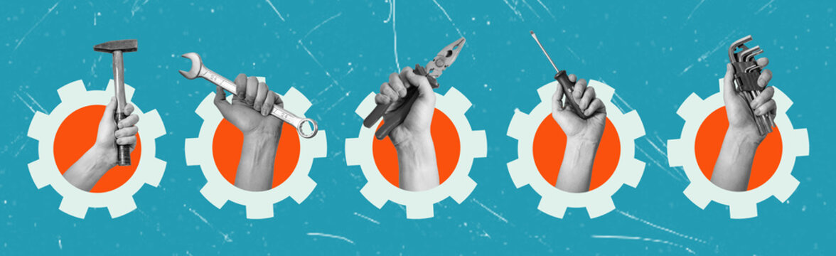 Art collage showing hands with tools in gear on blue background.
