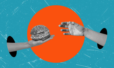Art collage, a hand reaches for a hand holding a burger against a blue background with an orange...