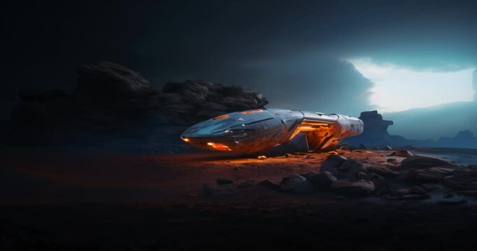 Wide shot of a fantastic Sci-fi landscape with spaceship on desert planet. Anamorphic 4k footage