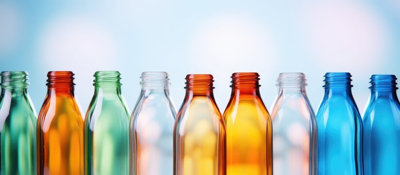 The group of PET bottle products in a close up scene showcasing the raw material for plastic bottle manufacturing