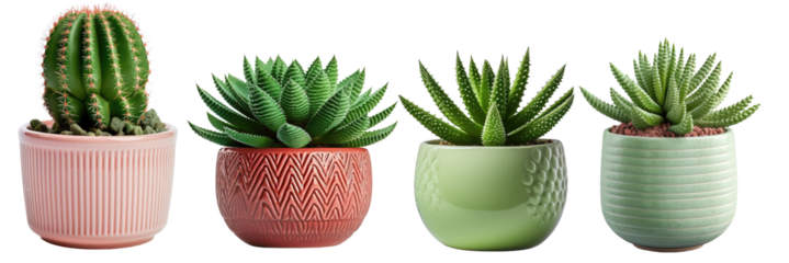 collection of small indoor plants , various cactus and succulent plants in different pots. isolated on white or transparent PNG. home indoor design,