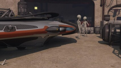 Aliens are repairing a space shuttle or spaceship on a planet similar to Mars. The astronaut, the owner of the ship, sits and nervously awaits the completion of repairs. Sci-fi scene from the future.