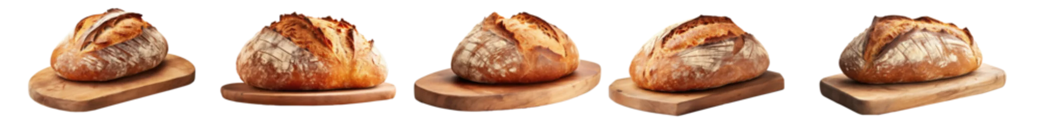Gordijnen collection of a round loaf of freshly baked homemade artisan sourdough bread on a round wood plank © Transparent png