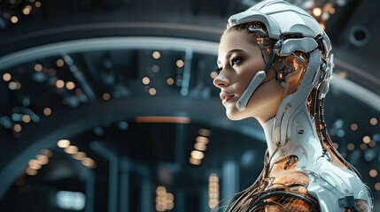 Female robot in a futuristic space station. Sci fi room laboratory. - obrazy, fototapety, plakaty