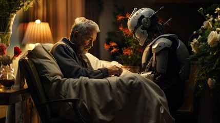 Fototapeta premium Portrait of an old man sitting in a chair with a robot. Human-robot relationships concept.