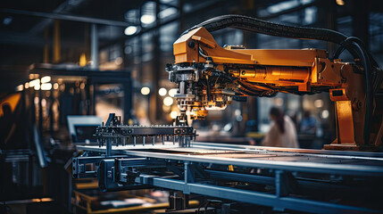 Automatic robotic arm working on the production line in the factory. Smart assembly.