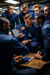 Sports team in a strategy talk to win the match, Generative AI