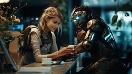 Fototapeta na wymiar Beautiful young woman sitting at the table and working with a robot. Innovative techno.