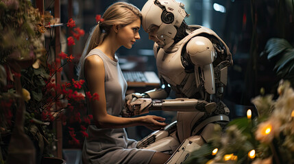 Fototapeta na wymiar Beautiful young woman dating with a robot in a flower shop. Pair the personality data with algorithms technology combine, machine learning.