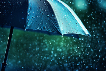 Umbrella under rainfall.Rainy day with umbrella and water drops.Rainy weather concept. - obrazy, fototapety, plakaty