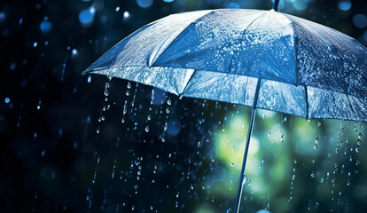Umbrella under rainfall.Umbrella in the rain with water drops on bokeh effect dark background.Rainy weather concept.