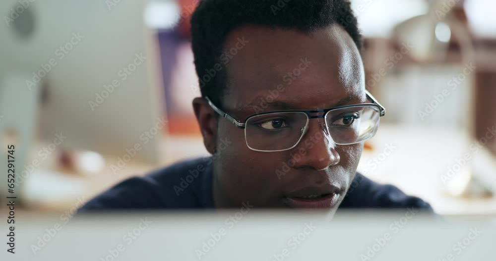 Poster focus, businessman and computer with glasses reading email, report or internet scroll with happiness