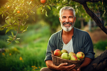 Apple orchard, portrait of a old mature farmer man smiling with clean teeth. guy with fresh stylish hair and beard . autumn harvest
