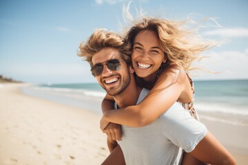 Beautiful young couple in sunglasses having fun on the beach. Man piggybacking his girlfriend. - obrazy, fototapety, plakaty