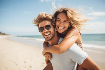 Foto op Plexiglas Beautiful young couple in sunglasses having fun on the beach. Man piggybacking his girlfriend. © koala studio