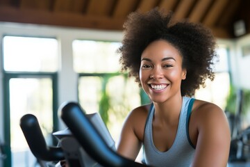 fitness, sport, training, gym and lifestyle concept - smiling african american woman exercising on treadmill