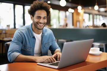 Portrait of smiling african american man using laptop in cafe, looking at camera.