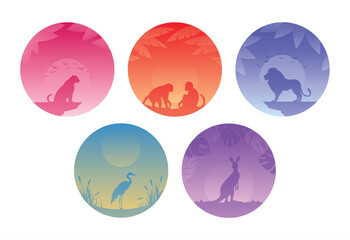 Circular gradient illustration collection with animal silhouette.