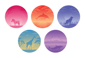 Circular gradient illustration collection with animal silhouette.