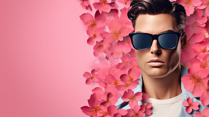 Portrait of a man wearing sunglasses on a pink floral background. Free space for placing a product or advertising text.