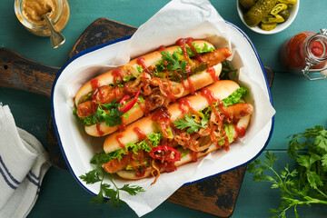 Delicious grilled hotdog with pickled  cucumbers, chili peppers, caramelized onions, ketchup, mustard in craft paper on blue old wooden background. Homemade American hotdog for 4th of July celebration