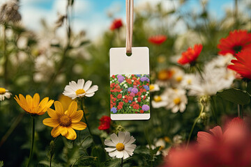 White tag or label hanging on a flower field background. Free space for product placement or advertising text.