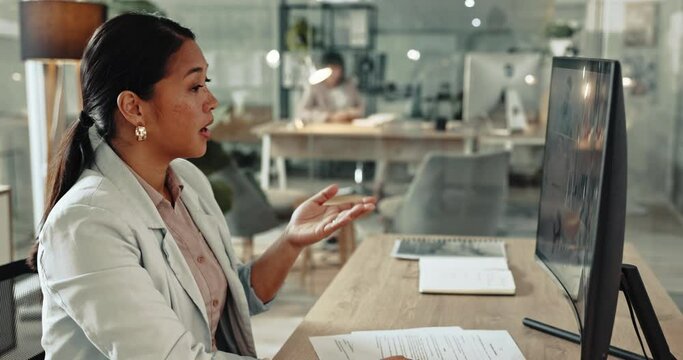 Video call, business woman and office paperwork with online consulting, planning and teamwork conversation. Corporate professional, worker meeting and digital workshop with webinar and collaboration