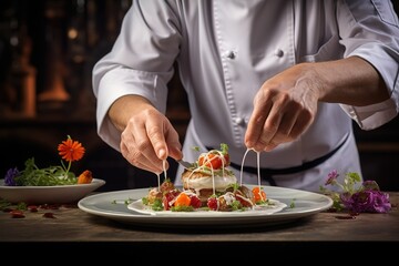 Obraz na płótnie Canvas chef preparing a dish with vegetables and sauce on a plate