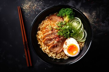 a bowl of noodles with meat and vegetables with chopsticks - Powered by Adobe