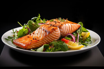 a white plate of salmon and vegetables on a table