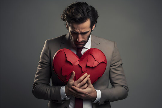 Mental health, Depression, Loss and disappointment, Concept of man hugging a broken heart, Heartbroken, Hurt, Sad mood, A failed businessman, Generative AI illustration