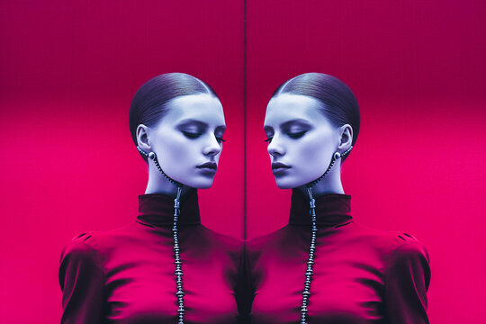 Portrait de deux femme face à face - Concept de la double personnalité, de la dissimulation, des jumeaux et jumelle, de l'image de soi