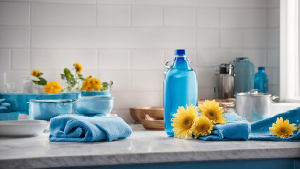 Dishwashing liquid in a bottle, flower, on a kitchen background - obrazy, fototapety, plakaty