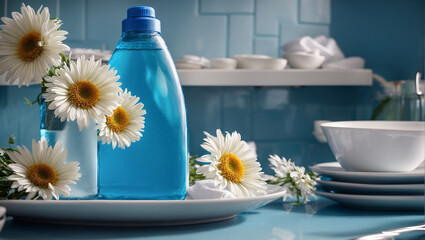 Dishwashing liquid in a bottle, flower, on a kitchen background