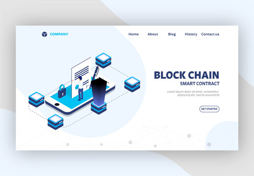Smart Contract Block Chain Concept Based Landing Page With Businessman Approval Agreement In Isometric Smartphone And Servers.