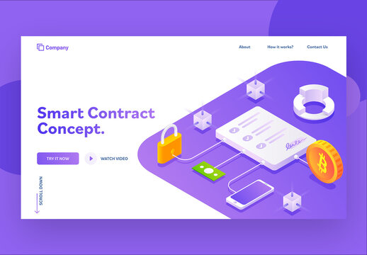 Responsive Landing Page OR Hero Image For Smart Contract Concept Based Isometric Design.
