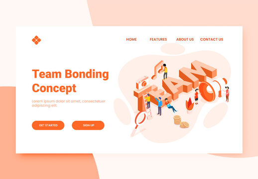 Responsive Landing Page Design, 3D Team Text With Business People Working Together For Team Bonding Concept.