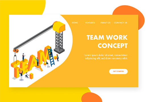 Responsive Landing Page, 3D Text Team With Tower Crane And Business People Working Together To Complete the Task.