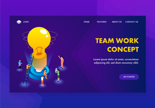 Responsive Landing Page Design, Business People Launching A Light Bulb For Teamwork Concept Based Isometric Design.