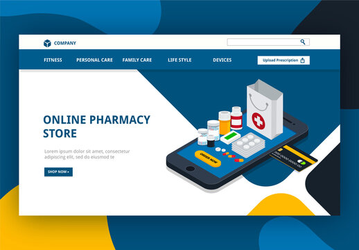 Responsive Landing Page Design With Isometric View Of Online Pharmacy Store App In Smartphone And Payment Card.