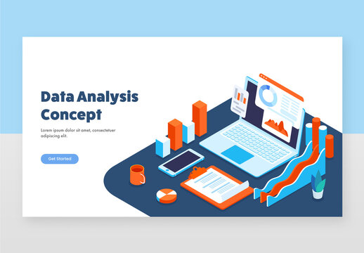 Responsive Landing Page Design With Isometric View Of Analysts Workplace For Data Analysis Concept.