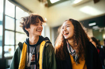 Fototapeta premium A group of international students are happy and laughing. Generated by AI