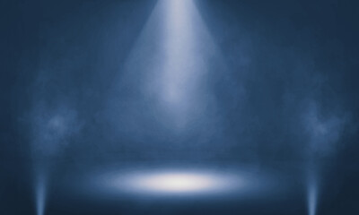 spotlight on stage realistic studio lights empty background dark wall smoke effect with round podium,
