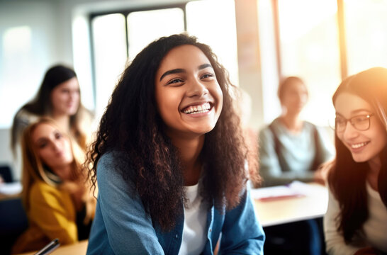 A group of international students are happy and laughing. Generated by AI