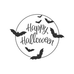 Happy Halloween, holiday lettering with bats on moon background, for design vector illustration.