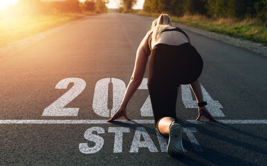 Concept of new professional achievements in the new year and success. Sports girl who wants to start the year 2024. New Year 2024 with new ambitions, challenge, plans, goals and visions. - obrazy, fototapety, plakaty