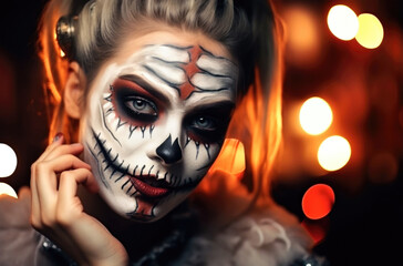 Beautiful model in Halloween makeup on black background. Sexy woman in top hat and skull makeup. Halloween makeup concept. Generated by AI