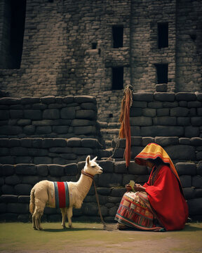 Peruanische Frau mit Alpaka am Machu Picchu