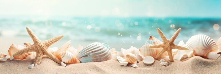 Fototapeta na wymiar light teal and sandy beige, watercolor seashells and starfish