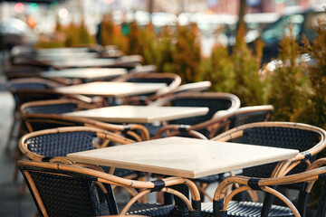 Empty restaurant outdoor terrace with tables and chairs in autumn season. Cafe terrace on city...